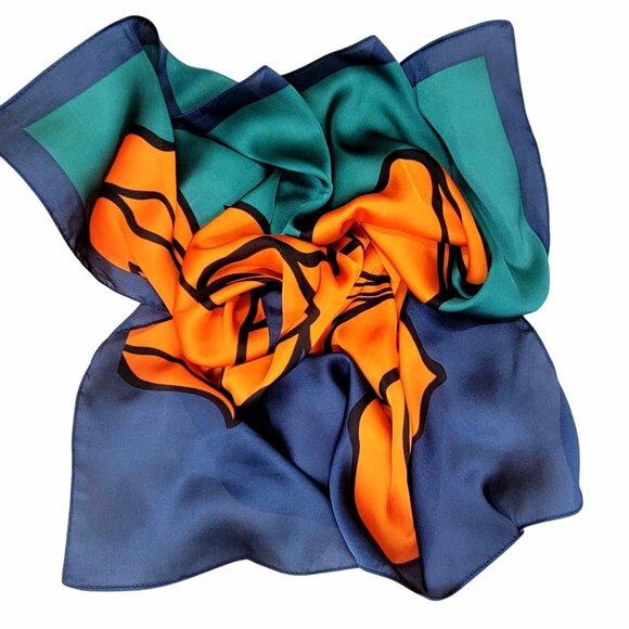 ❤️❤️Luxury Elegant Bandana Square Silky Scarf Floral Green Orange large Flowers - Picture 8 of 9